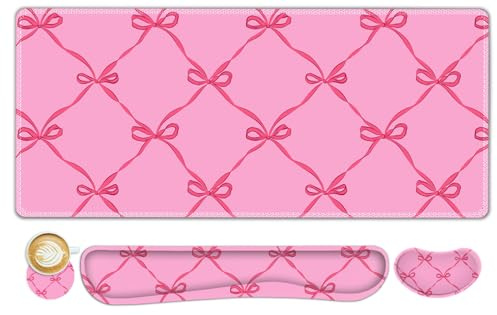 ToLuLu Large Mouse Pad Desk Pad Set, Wrist Rest Support Desk Mat for Keyboard Mouse, 4PCS 35.4”x15.7 XXL Giant Mouse Pad, Non-Slip Base, Memory Foam, Lycra, Hot Pink Bow | 35.4”x15.7 Giant Mouse Pad for Keyboard Mouse , Non-Slip Base Stitched Edges Mousepad Office Desk Decor, Hot Pink Bow
