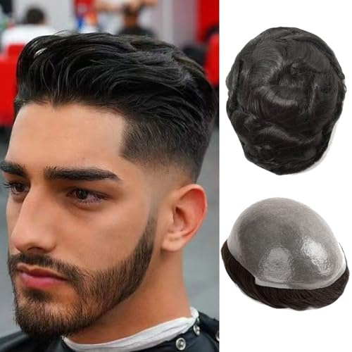 Ehairc Toupet für Männer 0.04-0.06mm Dünne Haut Doppelte Knoten Herren Toupet Langlebig 100% Human Hair System für Männer Perücke Basisgröße 8x10 Zoll 120% Dichte（1B#）