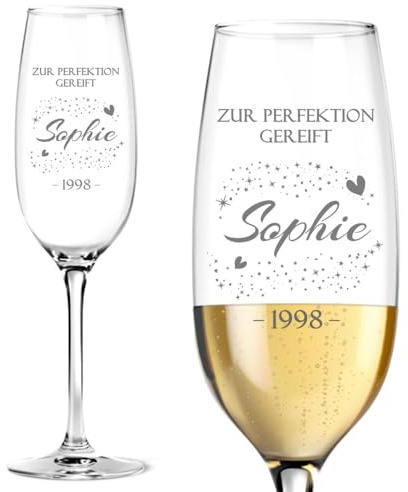 Personalisiertes graviertes Sektglas zum Geburtstag mit Name, Geburtsjahr und Text, Füllmenge 200ml, Größe 21,5cm – Elegantes Glas für feierliche Anlässe und persönliche Momente