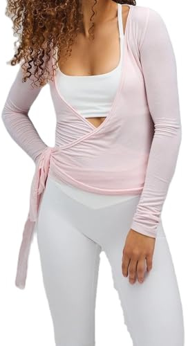 Damen Y2k Ballett Wrap Top Langarm Tiefer V-Ausschnitt Slim Fit Yoga Pilates Ballet Workout Tops Sexy Blickdichter Wickeloberteil Weiches Bandage Shirt Einfarbig Wickelbluse Dancewear Tanzbekleidung