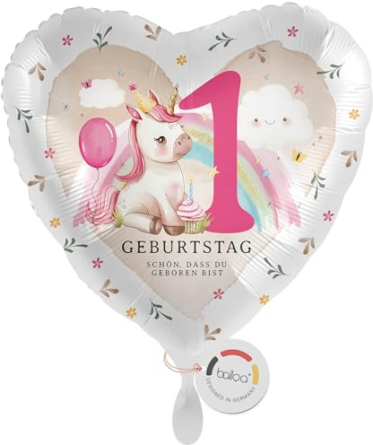 balloa Folienballon Herz Einhorn, Geschenk zum 1. Geburtstag für Mädchen, Helium Ballon Kindergeburtstag, Deko Party Luftballon Schön dass du geboren bist, Geburtstagsdekoration, 33cm