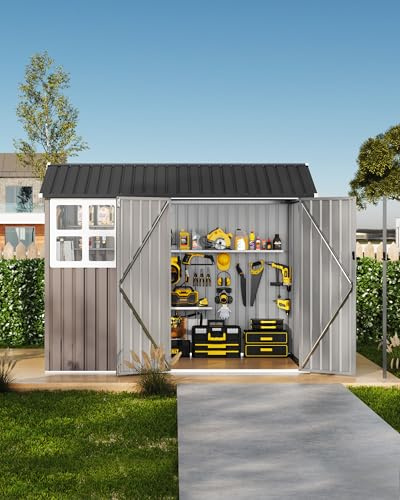 GarveeLife 6x8 ft Outdoor Storage Shed, Metal Garden Tool Shed with Updated Frame Structure, Lockable Doors and Windows, Ideal for Backyard Garden Patio Lawn, Brown