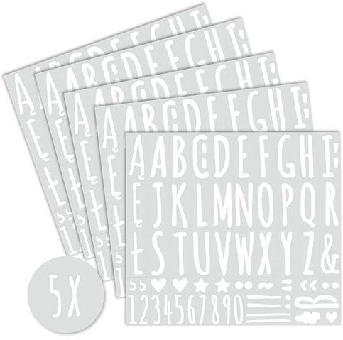 nagu® Pegatinas Letras Adhesivas Blancas Vinilo Permanente 5 Hojas | Alfabeto Completo con Números, Símbolos y Decoraciones | Resistente al Agua y Arañazos para Manualidades, Scrapbooking y Decoración