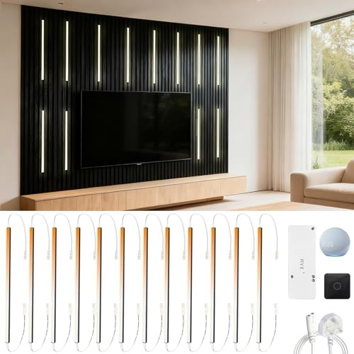 RYE 12Pcs 38cm/15in Linkable CCT COB Recessed LED Light Bar Kit,with Rechargeable RF & Alexa Voice Control,for Wood Slat Wall Panel,Headboards,Home Decor,Under Cabinet Strip Light