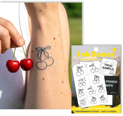 InkDance Semi-Permanent Tattoo, Sweetheart Cherries, Fine Line Cherry, Y2K, Long Lasting Temporary Tattoos, Waterproof Plant-Based Ink, Lasts 1-2 Weeks, Color Develops in 24 Hours X030