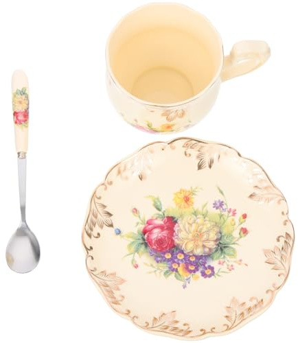 CALLARON Conjunto de Tazas de Café y Té de Cerámica Artesanal 3 Piezas Platillo y Cuchara, Capacidad Amplia, Resistente a Manchas, para Oficina y Celebraciones