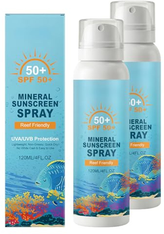 Mineraliskt solskyddsspray SPF 50+, zinkoxid, bredband UVA/UVB-skydd, reffvänlig, lätt och vattenavvisande, 120 ml (2 stycken)