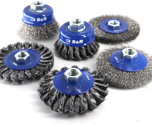 S&R Trådborste vinkelslip tillbehörsset M14 6-delad, stålborstar, 2 x skivborste, 2 x grytborste, 2 x konisk borste, flätad och vågig ståltråd, rostborttagning, metall, trä, färg, plast