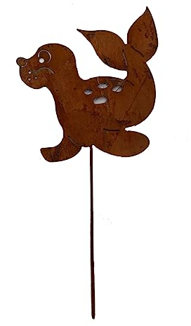 LB H&F Gartenstecker Seehund/Robbe Gartenfigur Maritim Deko Gartenteich Gartendeko Miniteich Roststecker Heuler Dekofigur Rost Metall wetterfest (Robbe)