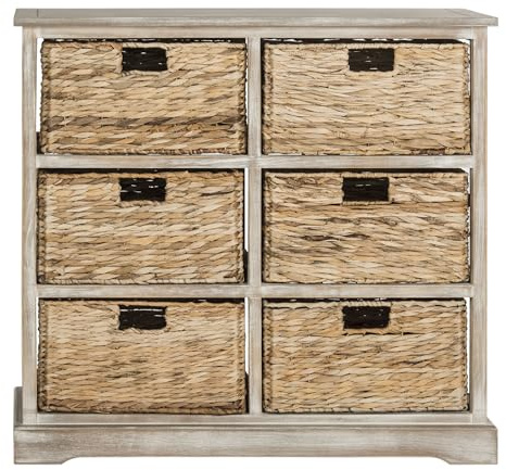 SAFAVIEH Home Collection – Keenan White Washed Storage Chest with Wicker Baskets, Farmhouse Accent Storage Cabinet, Fully Assembled (AMH5740E)