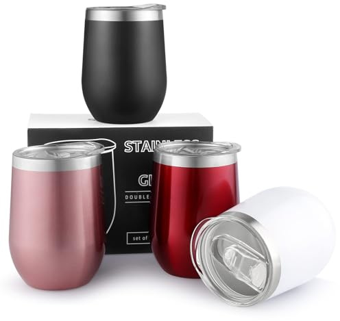 Sivaphe Wine Glasses Tumbler Keep Cold and Hot Camping Cup Insulated Reusable Coffee Cups Stainless Steel Double Walled with Lid 12OZ Set of 4 Black Red White Rose