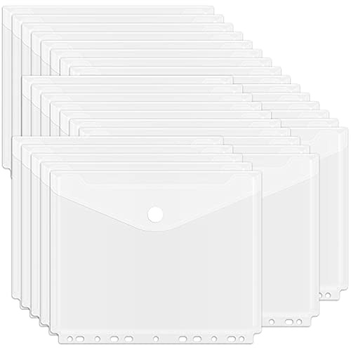 EOOUT 30Pcs Binder Pocket, Binder Organizer, 11 Holes Clear Poly Binder Envelope with Hook and Loop Closure, Plastic Binder Folders for School and Office Supplies, Letter Size