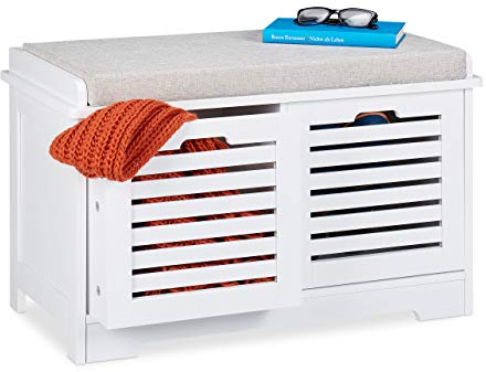 Relaxdays Banc avec Espace Rangement, 2 paniers, Banc Cuisine rembourré, Style campagnard, Commode,HxlxP44x72x35cm,Blanc