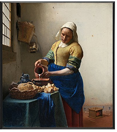 BaikalGallery JOHANNES VERMEER LA LECHERA CUADRO (P2163)-Enmarcado en Moldura de Aluminio Mate color Negro - Montaje en Panel adhesivo (Foam)- Laminado en Mate (Sin Cristal)- (60x67cm)