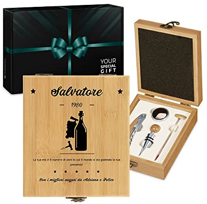 Maverton Set Cavatappi da Vino, Kit da Sommelier Degustazione Perfetta | Personalizzato, Scatola in Legno di bambù + 4 Pezzi di Accessori Vino, Regalo Uomo, età