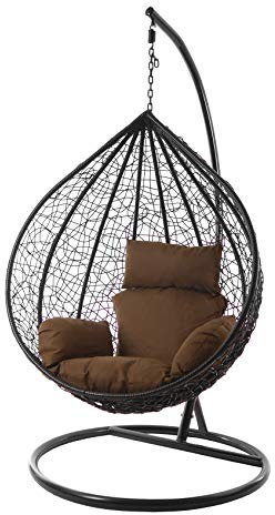 Kideo® Komplettset: XXL Hängesessel mit Gestell & Kissen, Lounge Möbel, Poly-Rattan, schwarz, edel, groß (Kissen: Nest Dunkelbraun (7790 Chocolate))