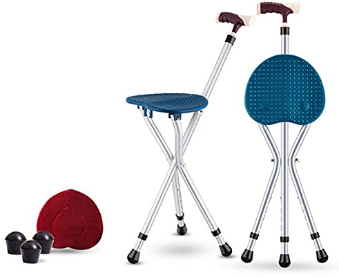 HYHMJ-Stampelle Sedia Pieghevole Estensibile Antiscivolo Massaggio Bastone Da Passeggio Con Sedile Forma A T Gel Di Silice Impugnatura Disabili Anziani Leggero A Passeggio Aiuto,Blu