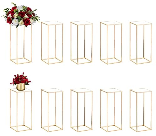 Nuptio Wedding Centerpieces Gold Vases: 10 Pcs 23⅝ inch Tall Flower Stand Metal Floor Vase Column Geometric Centerpiece Stands Rectangular Display Rack for Weddings Party Decoration