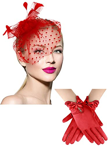 Geyoga Chapeau bibi années 50 pour femme avec voile funéraire, pilulier, cocktail, thé, coiffe et gant en dentelle, Rouge, Taille M