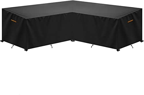 SanGlory Housse de Meuble Housse Salon de Jardin Imperméable, Housses de Protection pour Meubles de Jardin en Forme de L, Coupe-Vent, Anti-UV, Housses Canapé de Jardin Exterieur, 270x270x90/90x65cm