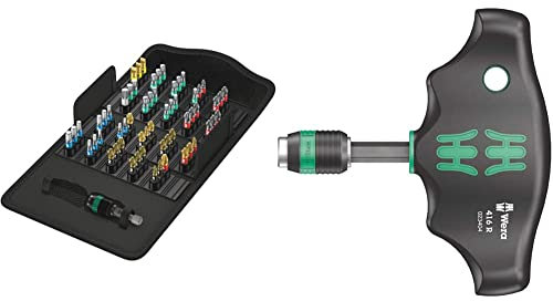 Wera Bit-Safe 61 BiTorsion 1 Comprehensive Torsion Bits and Holder Set in Pouch (for Drill/Drivers) 61 Piece, 05057441001 & 416 R T-Handle Bitholding Screwdriver Rapidaptor, 1/4 x 45 mm, 05023404001
