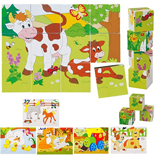 alles-meine.de GmbH Holz - Bilderwürfel/Würfelpuzzle - Tiere - Eisenbahn & Jahreszeiten - Puzzle 12 Teile/Bausteine - mit Vorlagen - für Baby Kinder/Mädchen Jungen - Holzpu..