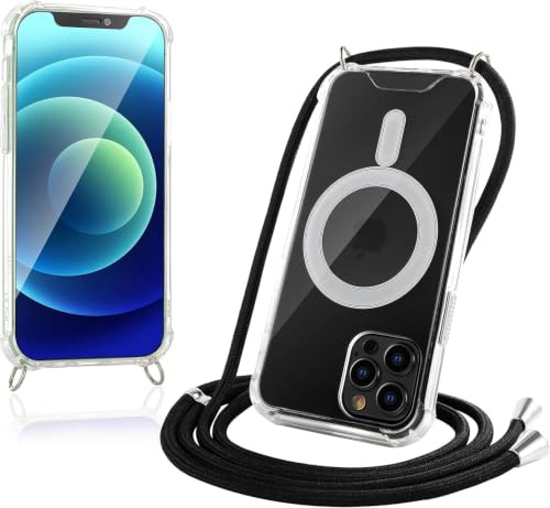 JProtect für iPhone 12 Pro Hülle mit Band und MagSafe – Magnetische Handykette für iPhone 12 Pro Magnet – Durchsichtige Umhängehülle Band Schwarz – Kette Handyhülle für MagSafe Zubehör