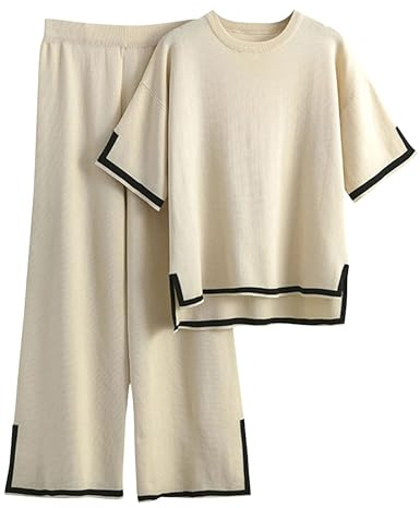Tanming Sweater Sets Women 2 Piece Lounge Sets Short Sleeve Knit Pullover Tops Wide Leg Pants (Apricot-L)