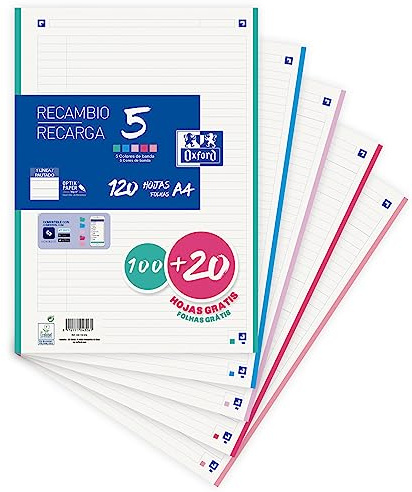 Oxford, Perforerade A4-randiga blad. Revision Achivador 1 linje, 120 ark, 4 borrar, 5 levande färgade band