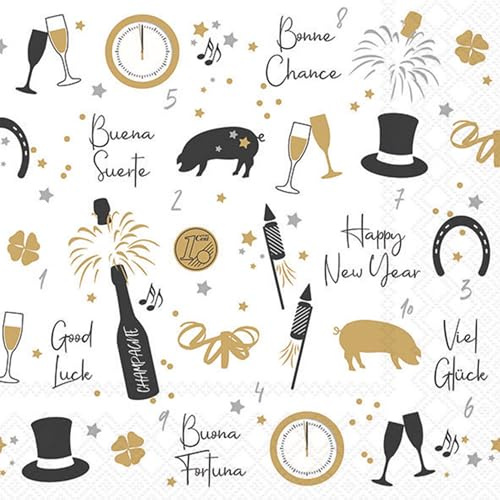 20 Servietten Glücksbringer Symbole für Glück schwarz-gold als Tischdeko. Papierservietten mit Motiv. Auch für Decoupage und Serviettentechnik 33x33cm