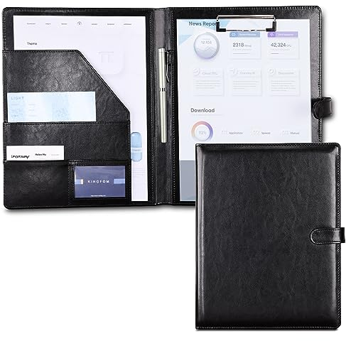 KINGFOM Schreibmappe A4 Schwarz, Ordner Klemmbrettmappe Konferenzmappe aus PU-Leder, Mappe mit Klemmbrett & DIN A4 Notizblock (Schwarz)