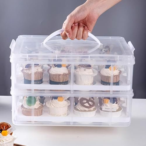 HomDSim Cupcake Carrier Stackable Storage Container Collapsible Cake Carrier with Lid and Handle, with 50 PCS Cupcake liners,Reusable Plastic Dessert Travel Container,Transport Box