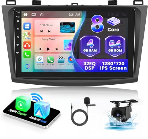 Hikity 9 Zoll Autoradio für Mazda 3 2009-2013 Wireless CarPlay Android Auto | 8-Core, 4G+64G, DSP. WiFi, GPS, BT 5.0, 59UI, RDS, MIC, Rückfahrkamera.