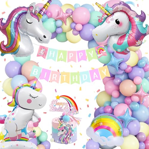 Einhorn Geburtstagsdeko Mädchen, Einhorn Deko Kindergeburtstag,Einhorn Luftballons Happy Birthday Deko,Einhorn Party Deko Geburtstag mit Einhorn Folienballon Kuchen Topper für Mädchen Geburtstags Deko