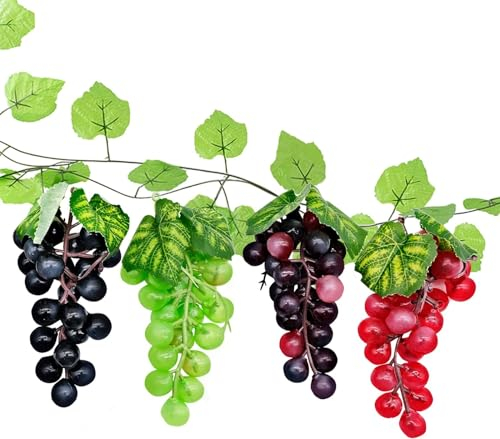 4 Pièces Grappe de Raisin en Plastique, Feuille de Vigne Artificielle 2,4 Mètres, Faux Faisceaux De Raisin, Mini Grappes en Caoutchouc Raisin Artificiel pour Mariage Vin Cuisine Centre de Table