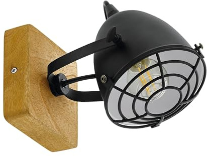 EGLO Deckenlampe Gatebeck, Deckenleuchte Vintage, Industrial, Retro | Deckenstrahler aus Stahl in Schwarz und Holz in Natur, Wohnzimmerlampe, E14 Fassung, FSC zertifiziert