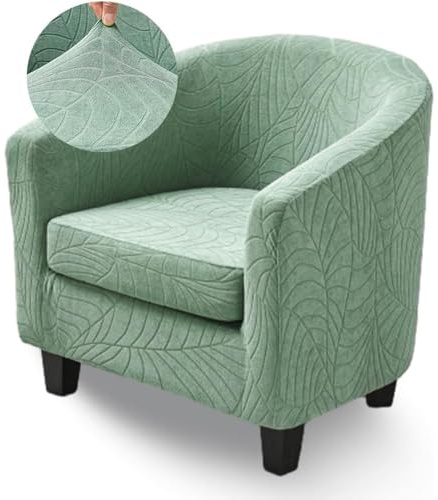 Highdi Tub Chair Cover 2 Piece, Jacquard Bucket Chair Covers Armchair Cover Club Armchair Slipcovers with Seat Cover | Stretch Removable Furniture Protector | Office Bar Reception -Green