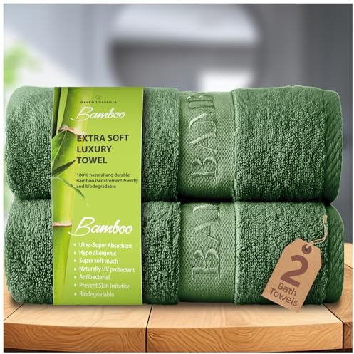 GC GAVENO CAVAILIA Bamboo Bath Towels Set | Pack of 2 Ultra Absorbent Big Bath Towels | 550 GSM Quick Drying Anti Bacterial Shower Towels | Green 70x120 Cm