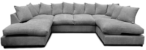U shape Sofas - Jumbo Cord Sofas for Living Room with Thick Luxury Non slip fixed seating Cushions | Sectional Couches Lounge Sofa Grey U Shape