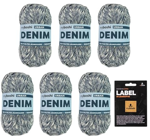 myboshi Denim, veganes Jeansgarn, recycelte Baumwolle zum Häkeln und Stricken, 50% recyceltes Denim, 50% Baumwolle (Bio), myboshi Label, 50g, Ll 135m Blau (Urban) 6 Knäuel