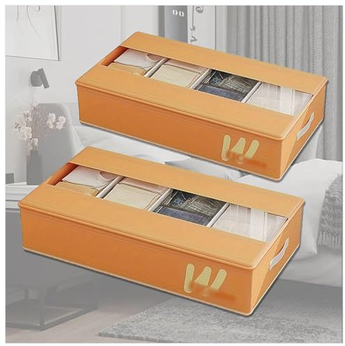 RYJYQYX Unterbett Aufbewahrungsbox Faltbar mit 5 Verstellbaren Trennwänden, Unterbettkommode mit transparenter Deckel, Unterbett Aufbewahrung Unterbett-Organizer Für Kinder Und Erwachsene,Orange-2Pcs