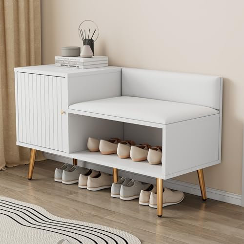 Moderno baule per scarpe di lusso in bianco con vano portaoggetti, panca imbottita e schienale scarpiera con manici in metallo e gambe in metallo, perfetto per ingresso B100/T40/H58 cm