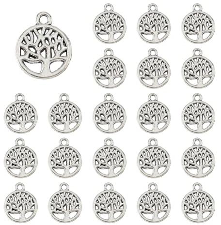 DICOSMETIC 100 ciondoli a forma di albero in argento anticato in lega stile tibetano piatto rotondo portafortuna per la produzione di braccialetti e collane Foro: 1,2 mm