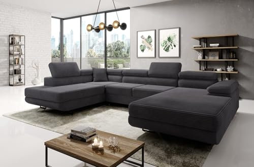 Easy4You Ecksofa Graphit Astorp Kord U-Form – 345 cm - Schlafsofa mit Bettkasten und Schlaffunktion - Eckcouch mit Stauraum und Metallfüße – Links – Stoff Kord Poso 34