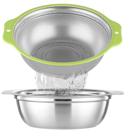 AHIABOAT Colander Stainless Steel Microporous, 2QT Rice Strainer with Mixing Bowl, Rice Washer Bowl Set with Handle, Food-Grade Strainers and Colanders for Kitchen, Pasta, Fruit, Dishwasher Safe