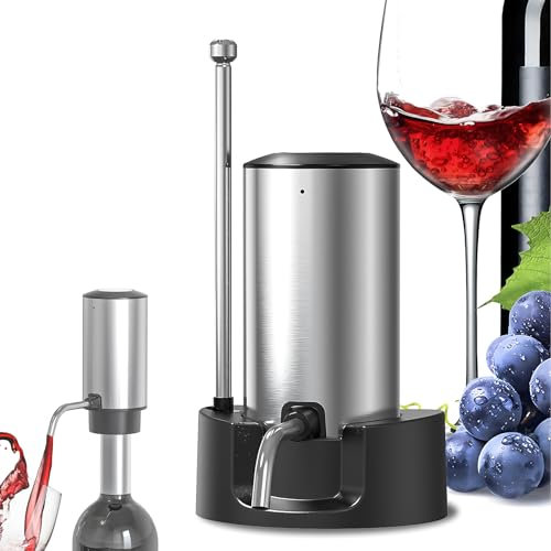 Hanzete Electric Wine Decanter Dispenser 304 Stainless Steel Automatic Type-C Charging Cordless Wine Aerator Pourer with Storage Base Slanted Outlet Retractable Dispenser Tube