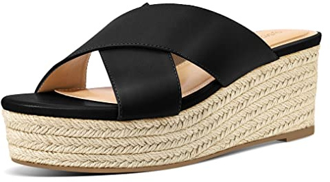 PIZZ ANNU Sandalen Damen Espadrilles Plateau Keilabsatz Frauen Sandaletten Keilsandalen Hausschuhe Pantoletten Elegant Sommer Schuhe Schwarz EU 40