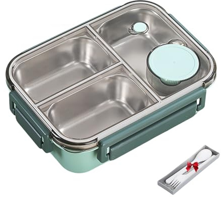 BROIEEN Escentio Stainless Steel Lunch Box, Adult Bento Box with 3 Divided Compartments (Green, 3 Grid)