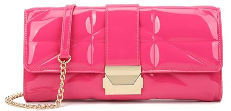 UShopUK Bolso de mano de charol con hebilla para novia, graduación, boda, noche, fiesta, bolso de mano, rosa fucsia, medium