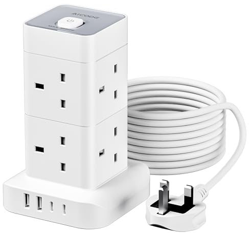 AICODE Tower Extension Lead with USB Slots,8 Way Multi Plug Socket &4USB,3M | 2 USB C & 2 USB A Ports,3M Extension Cable,Overload Protected,1 Switch,13A/3250W,Plug Extension Socket Tower,For Home Office